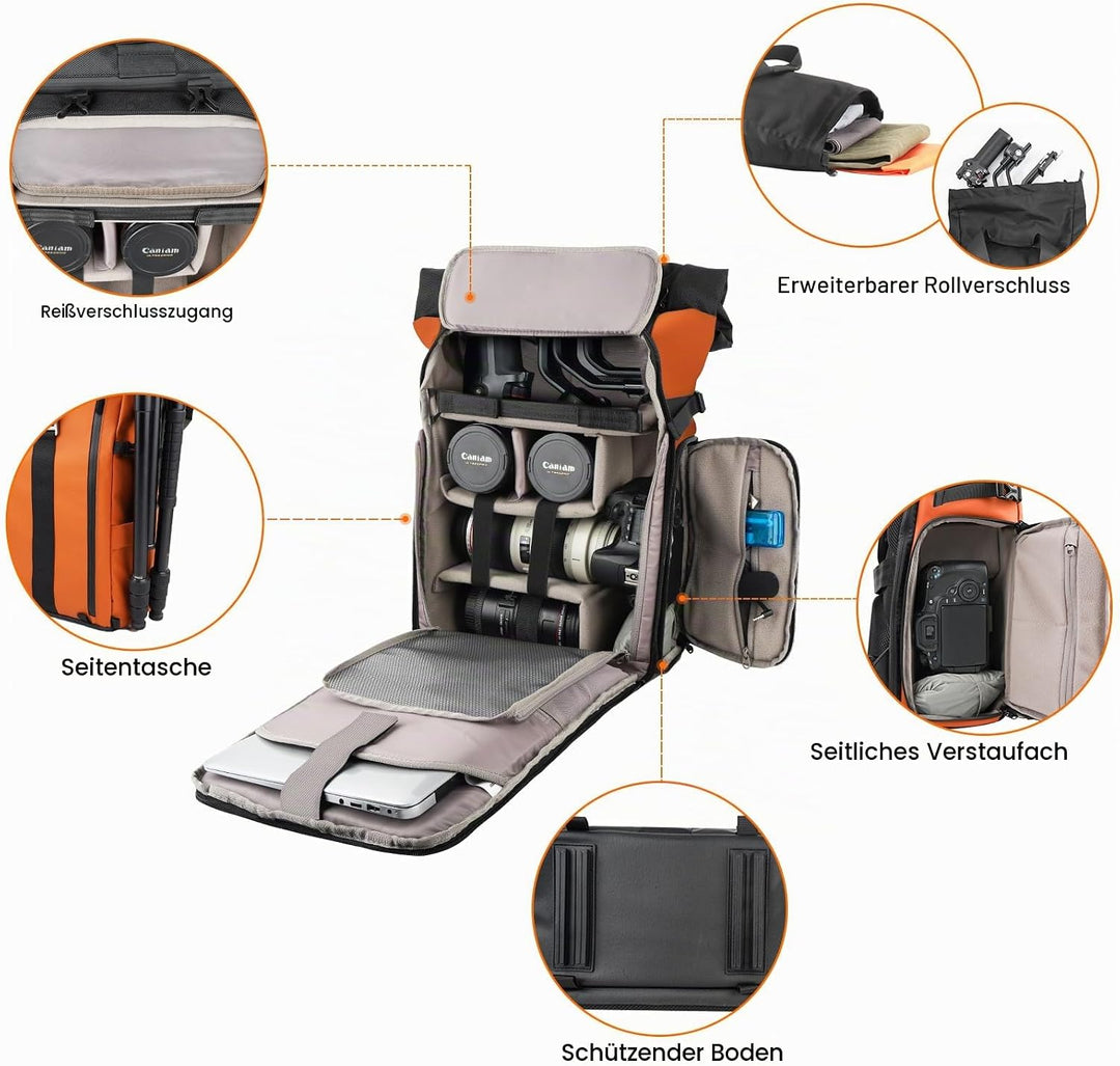Besnfoto Kamerarucksack Wasserdicht, Fototasche Kameratasche für DSLR SLR spiegellose Kamera mit Lap
