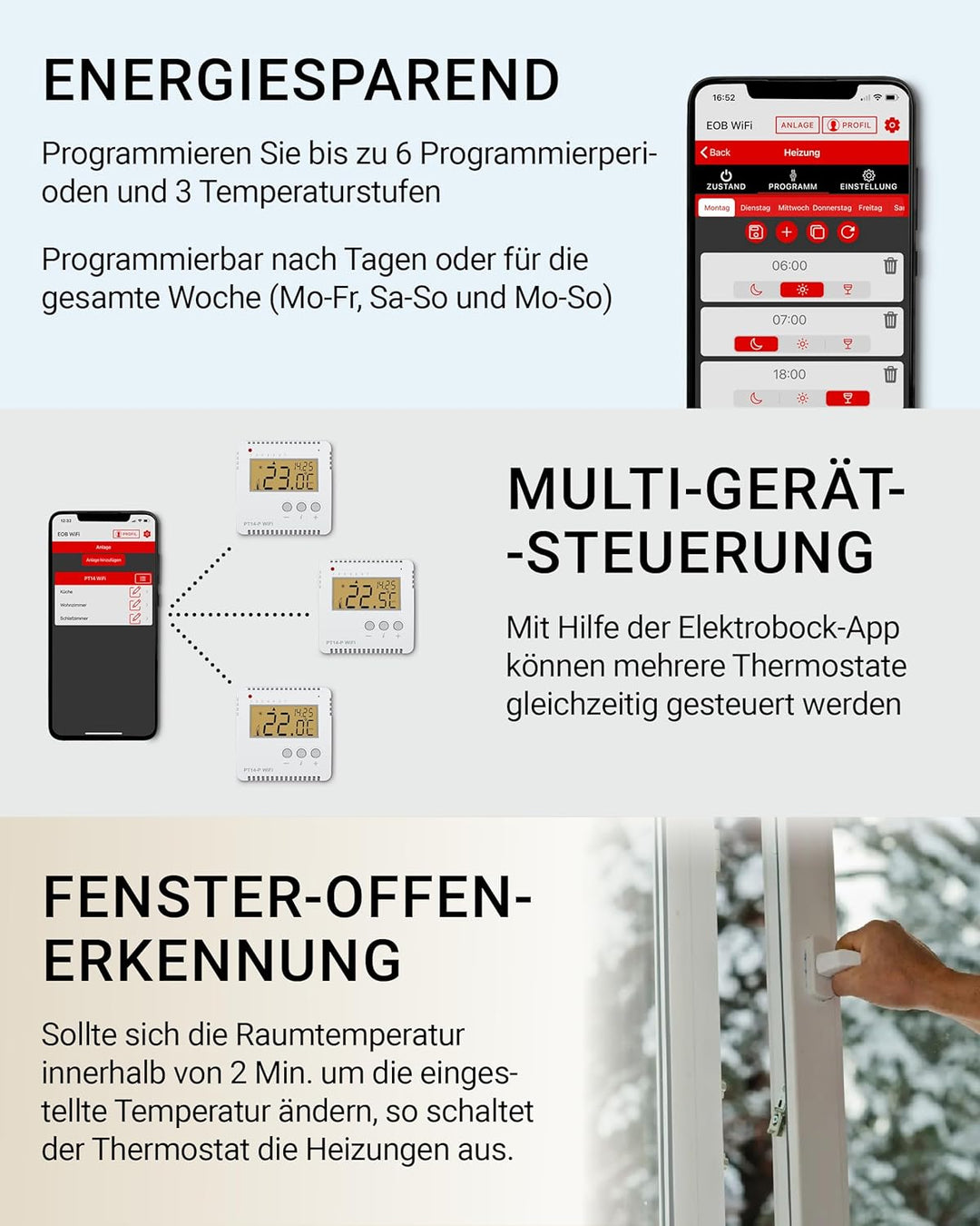 Elektrobock Smart WLAN Thermostat PT14-P-WIFI, Heizungssteuerung per APP, Aufputzmontage, 16 A Weiss