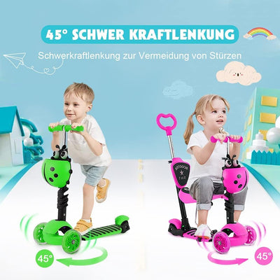 YOLEO 5-in-1 Kinder Roller Scooter mit Abnehmbarer Karikaturkorb Sitz Schubstange LED grosse Räder B