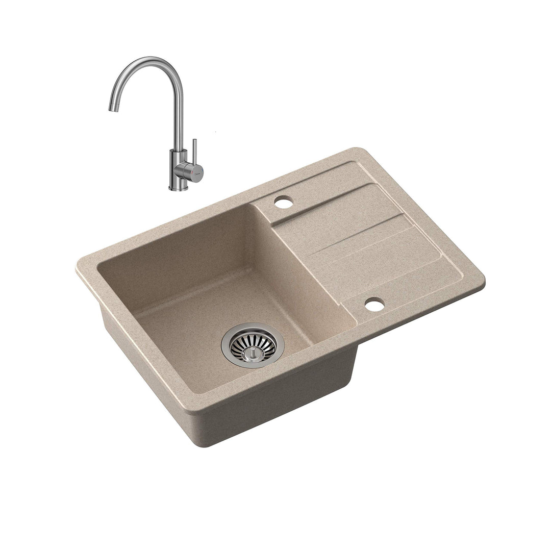 VBChome Spülbecken mit Armatur Beige 62 x 44 cm Granit Einzelbecken Einbauspüle Abtroffläche gespren