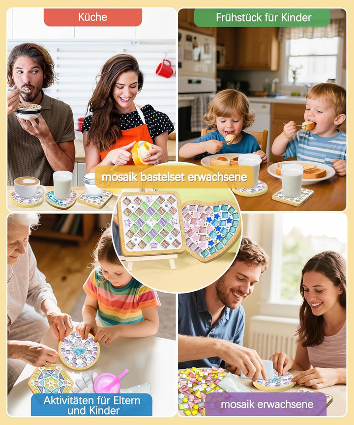 Mosaik Bastelset Kinder Finsink 4 Stück Herz Mosaik Untersetzer Bastelset DIY Holz Untersetzer Set M