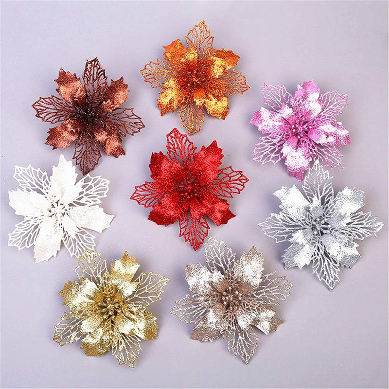 GLITZFAS 12 Stück Glitter Weihnachtsbaum Dekoration, Weihnachtsbaumschmuck Ornament Weihnachten Blum