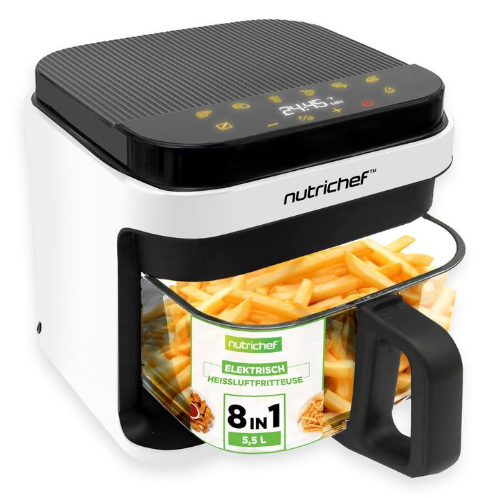 NutriChef Heissluftfritteuse 5,5L Weiss – Elektrische 8-in-1 Airfryer mit Glasbehälter &amp; LED-Touchdi