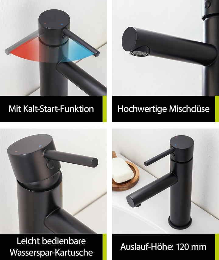 aquaSu® Waschbeckenarmatur Schwarz mit Pop-Up-Ventil 1 1/4" – Waschtischarmatur hoch, Badarmatur, Ei