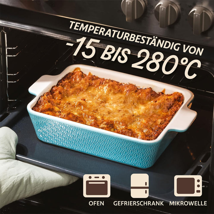 Auflaufform Gross aus Keramik - Für Lasagne, Tiramisu & Auflauf - Extra Hoher Rand - Eckige Backform