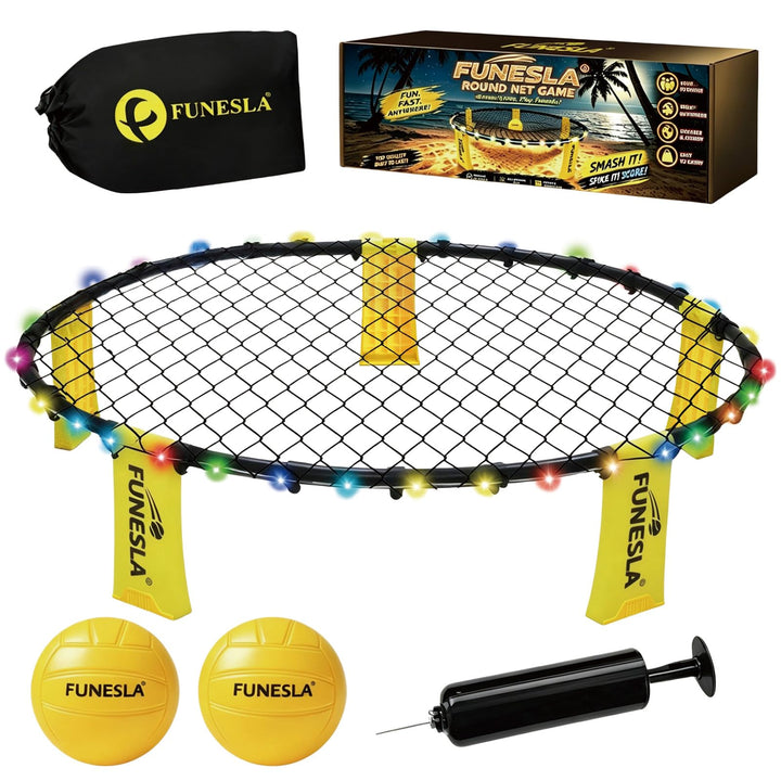 Roundnet Spiel Set 2026 – LED Leuchtversion, 2 Bälle, 7 Farben blinkend, einstellbare Netzspannung,