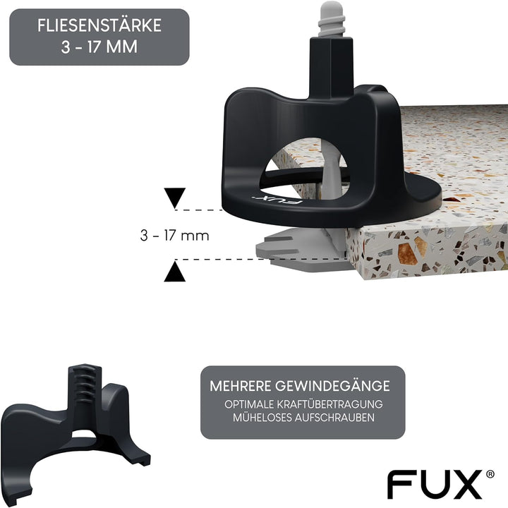 FUX® Fliesen Nivelliersystem 1,5mm, Fliesenleger Set: 100 Zughauben 1,5mm + 200 Gewindelaschen, Flie