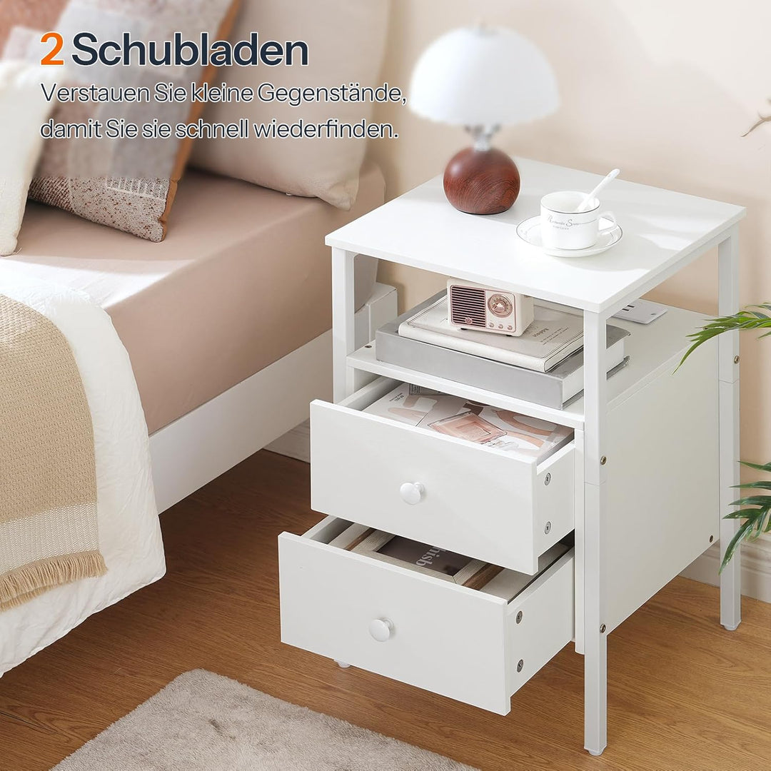 HOOBRO Nachttisch mit Ladestation, Beistelltisch, Sofatisch mit 2 Schubladen, Couchtisch mit USB-Ans