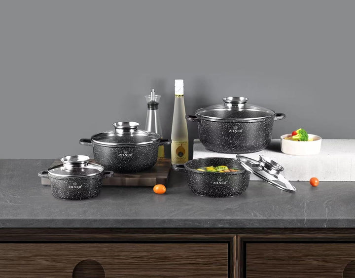 Töpfe und Pfannen Set - Topfset 17-teilig - Marmorbeschichtung und Keramikbeschichtung - mit Glasdec