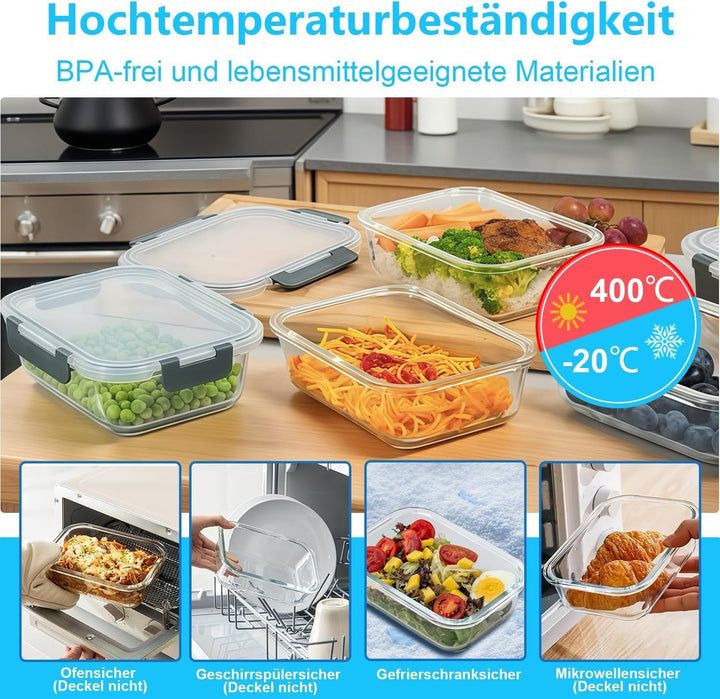 20er Set (10-Pack) Glas Vorratsdosen - 5x 1040ml & 5x 370ml Borosilikatglas für Mikrowelle & Meal Pr