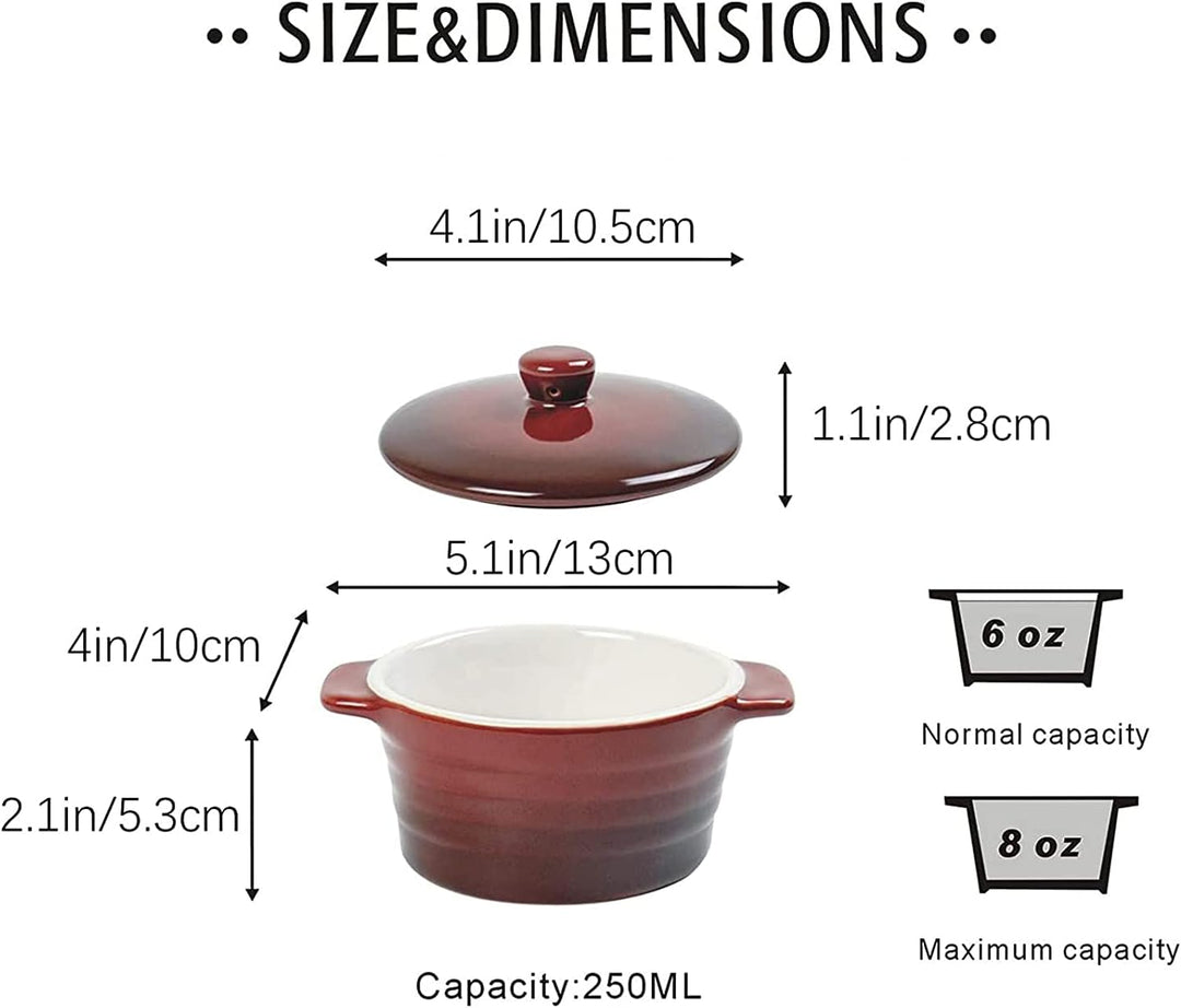 Auflaufform Klein 250ml X 4er, Soufflé Förmchen Mit Deckel - Rot, Creme Brulee Schälchen aus Porzell