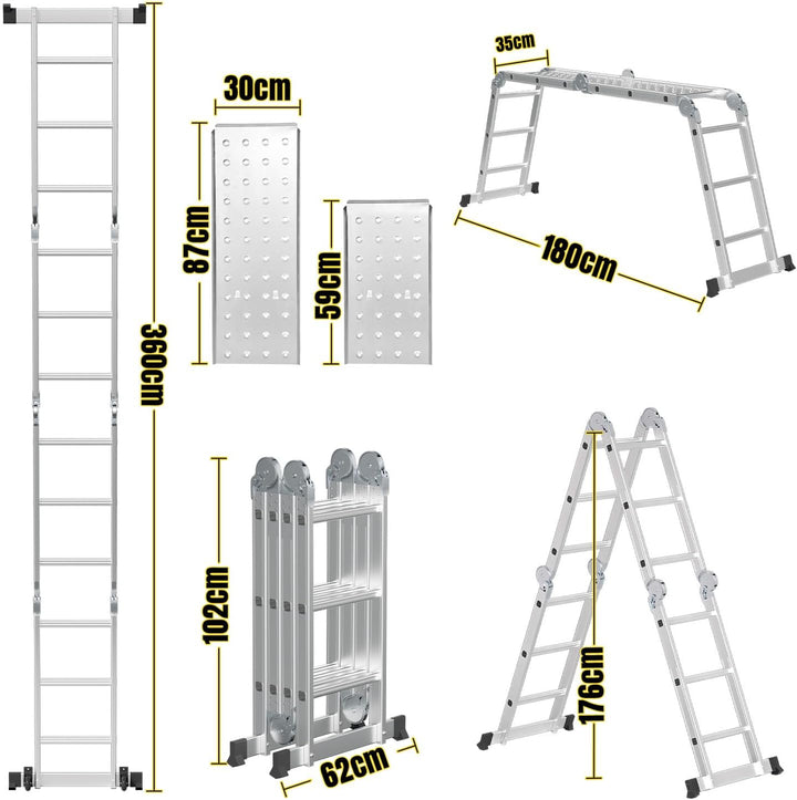 Mehrzweckleiter 4x3, 7in1 Multifunktionsleiter 366CM Alu Vielzweckleiter Klappleiter mit 2 Plattform