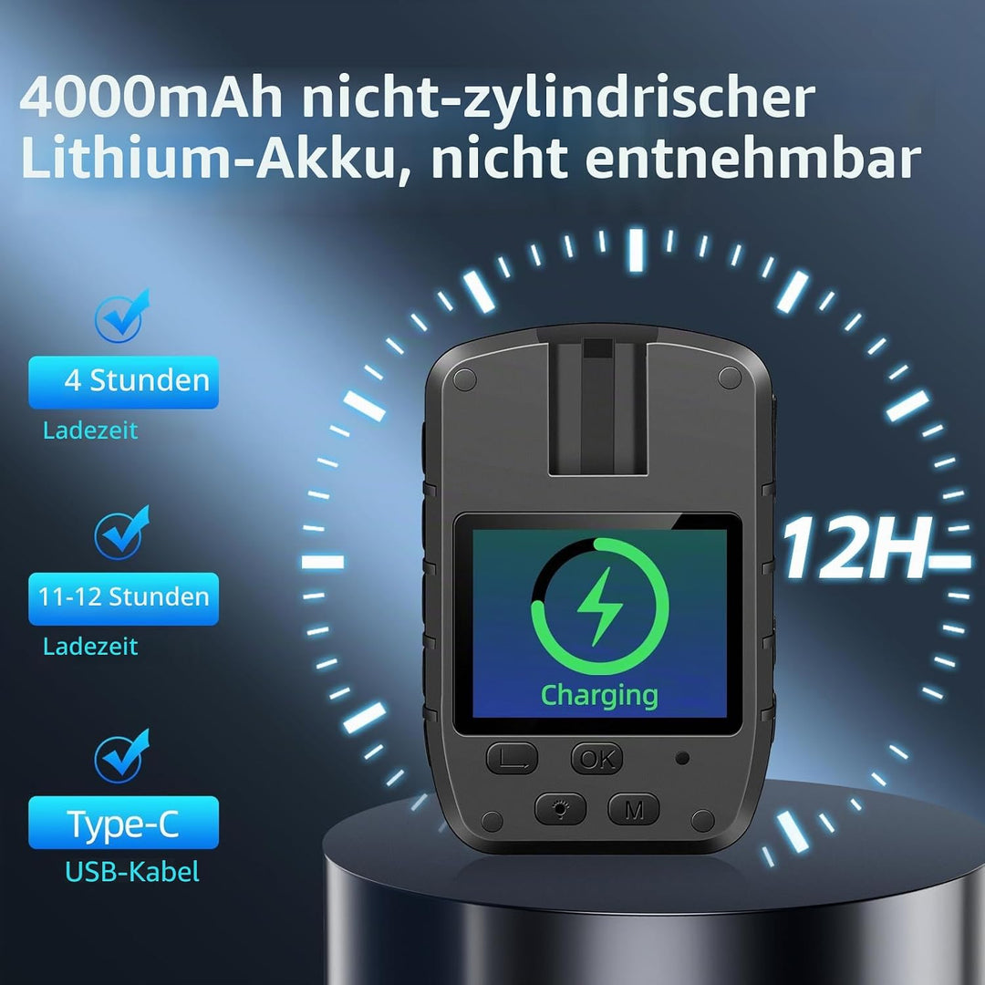 CAMMHD C8-64GB 1296P Body Cam 12 Stunden Tragbare Audio und Video Bodycam 170° Weitwinkel Polizei Kö