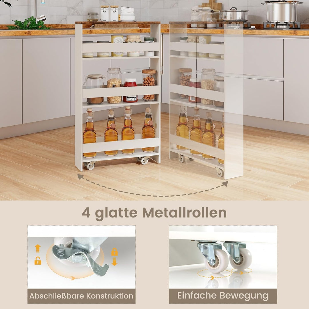 COSTWAY Nischenwagen 13cm breit, Nischenregal Badregal 4 Etagen, Nischenschrank auf Rollen, Servierw