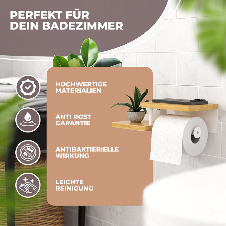 Toilettenpapierhalter Holz Bambus [KLEBEN oder Bohren] | hochwertiger Klopapierhalter ohne Bohren mi