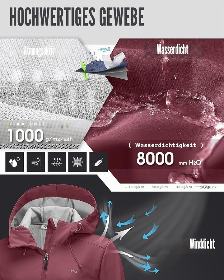 33,000ft Damen Softshelljacke Wasserdichte Winddichte Funktionsjacke Atmungsaktive Übergangsjacke Le