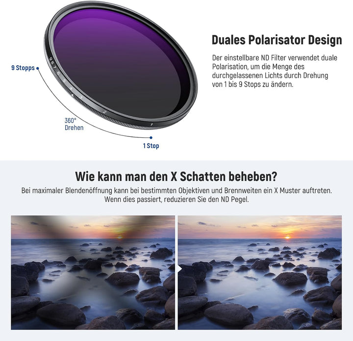 NEEWER 67mm ND2-400 (1-9 Stop) Variabler ND Filter mit Objektivdeckel Trageband Reinigungstuch präzi