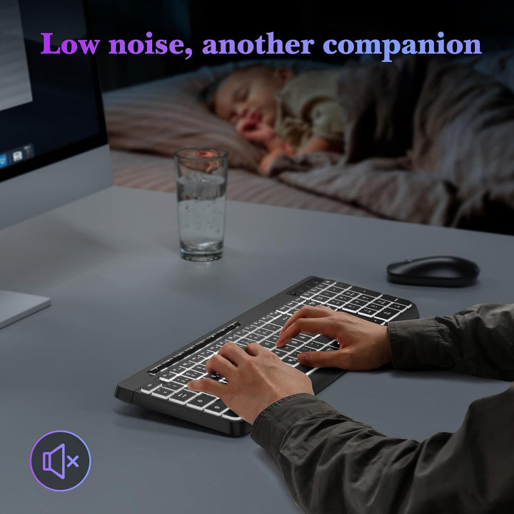 TECURS Tastatur Kabellos Gaming PC- Leise Tastatur QWERTZ Weiss Beleuchtet Ergonomisch Wasserdicht,