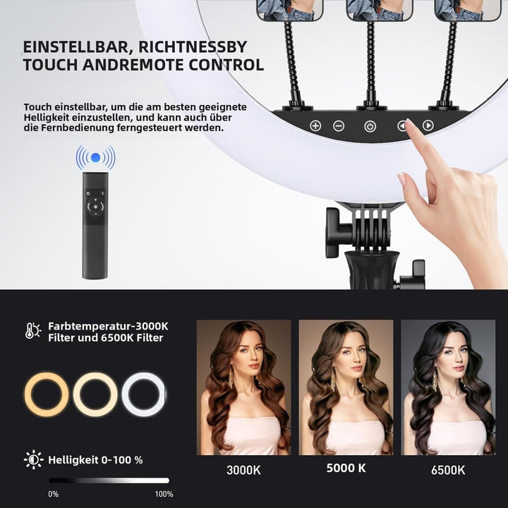KOSCHEAL 18 Zoll Ringlicht mit Ständer, 3000-6500K Einstellbares LED licht mit Mikrofon und Soundkar