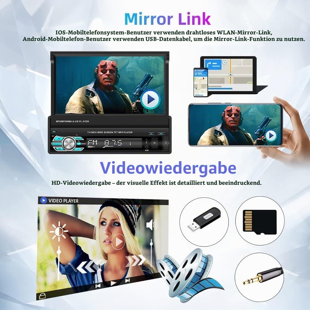 Podofo Autoradio 1 Din mit Apple Carplay Android Auto 7-Zoll Auto Stereo Radio mit Einziehbarem Bild
