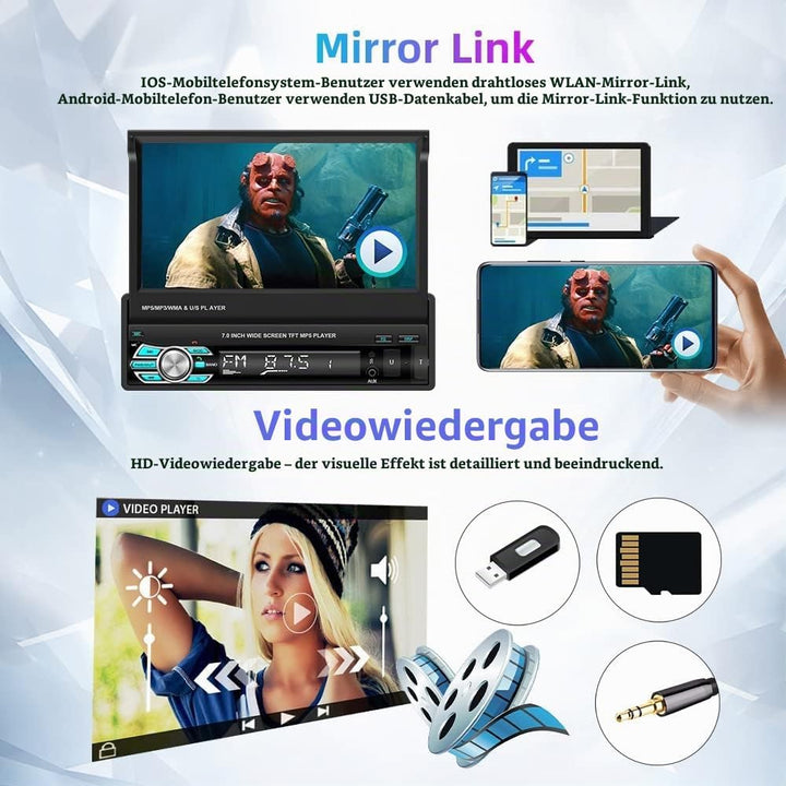 Podofo Autoradio 1 Din mit Apple Carplay Android Auto 7-Zoll Auto Stereo Radio mit Einziehbarem Bild