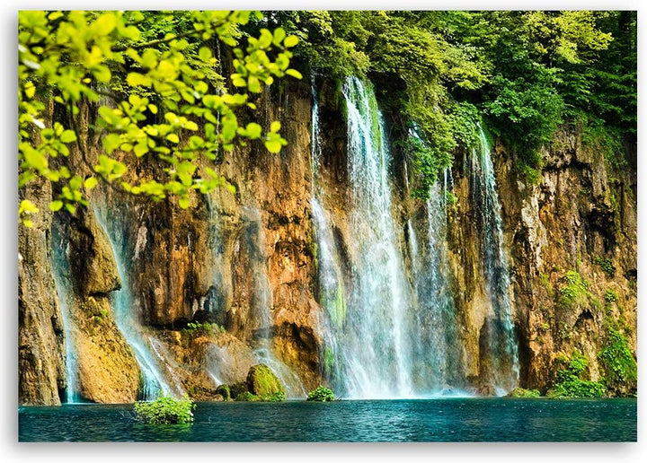 Feeby Wandbild Natur Druckbild Leinwandbild Wasserfall Grün 100x70 cm