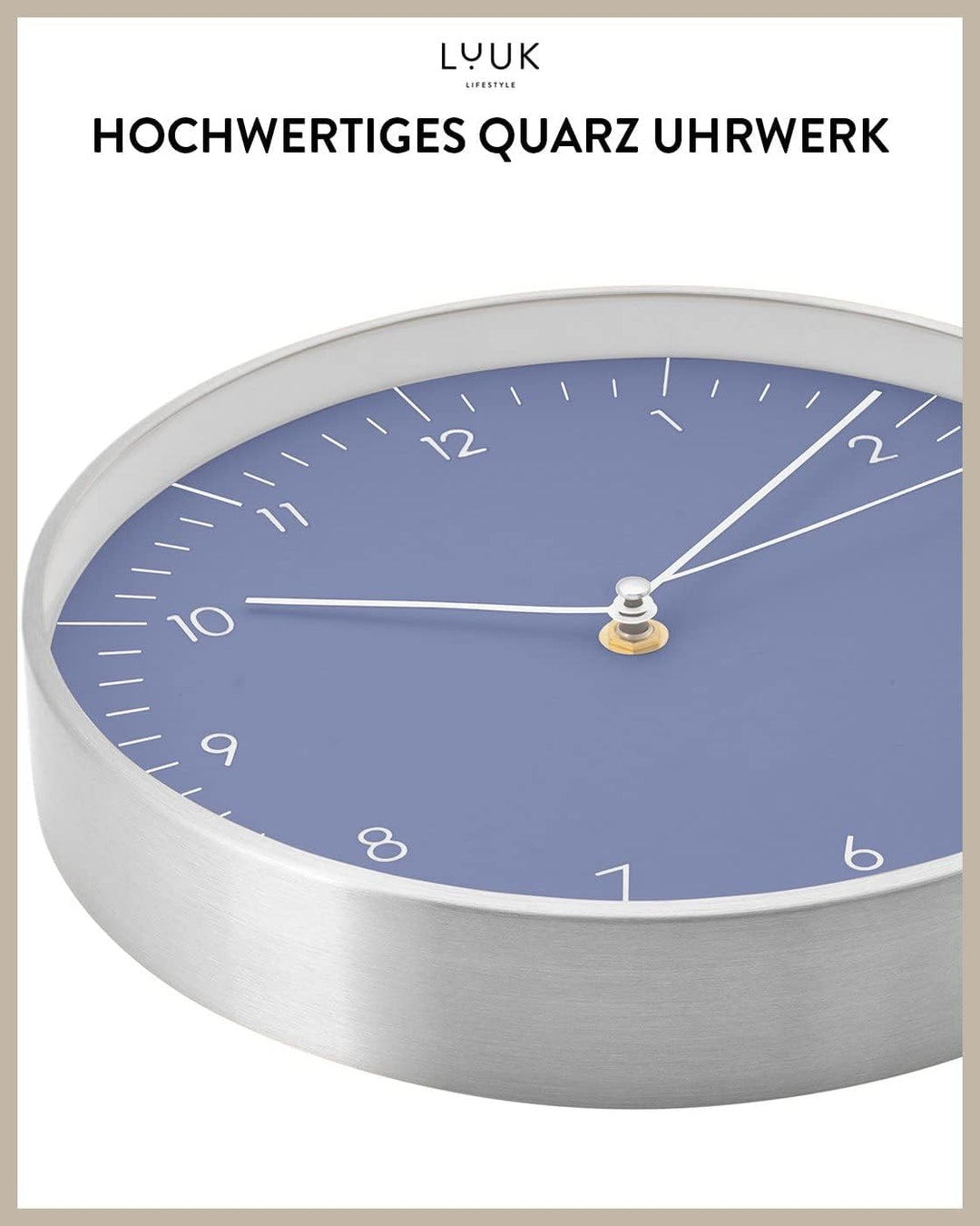 LUUK LIFESTYLE Moderne Quarz Wanduhr, Geräuschlos, 24,8cm, Hellblau &amp; Gold | geräuschlos, mit Sekund
