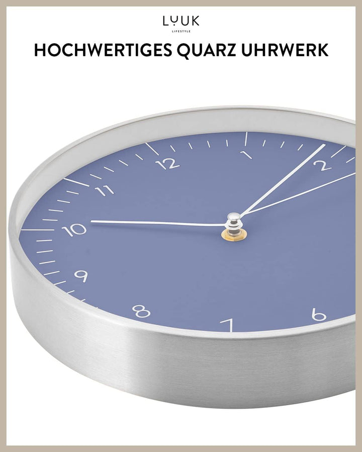 LUUK LIFESTYLE Moderne Quarz Wanduhr, Geräuschlos, 24,8cm, Hellblau &amp; Gold | geräuschlos, mit Sekund