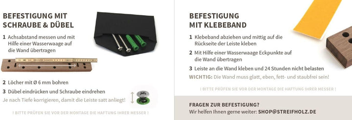 STREIFHOLZ Messerleiste magnetisch aus Holz, selbstklebender Messerhalter aus Eiche Nussbaum Kirschb