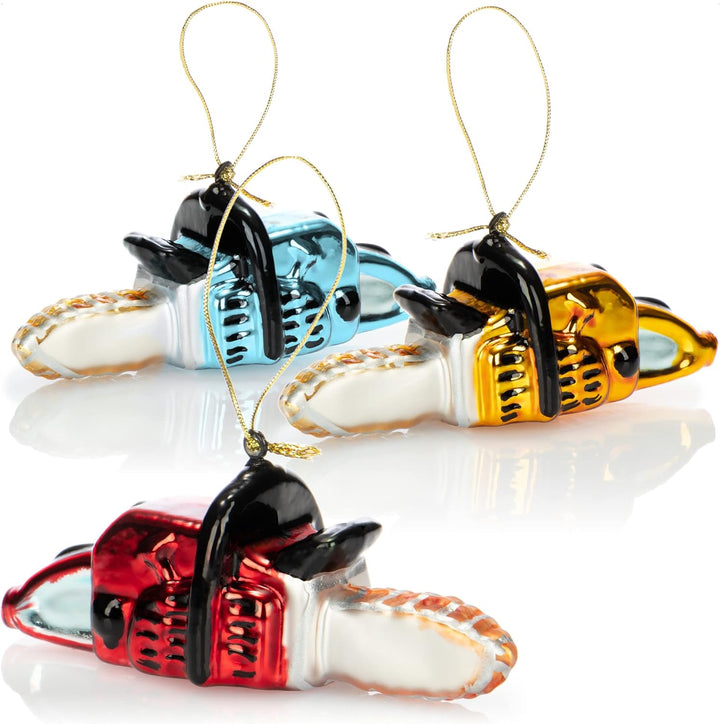 com-four® 3X Premium Christbaumschmuck - Deko-Kettensäge aus echtem Glas - besondere Baumkugeln als