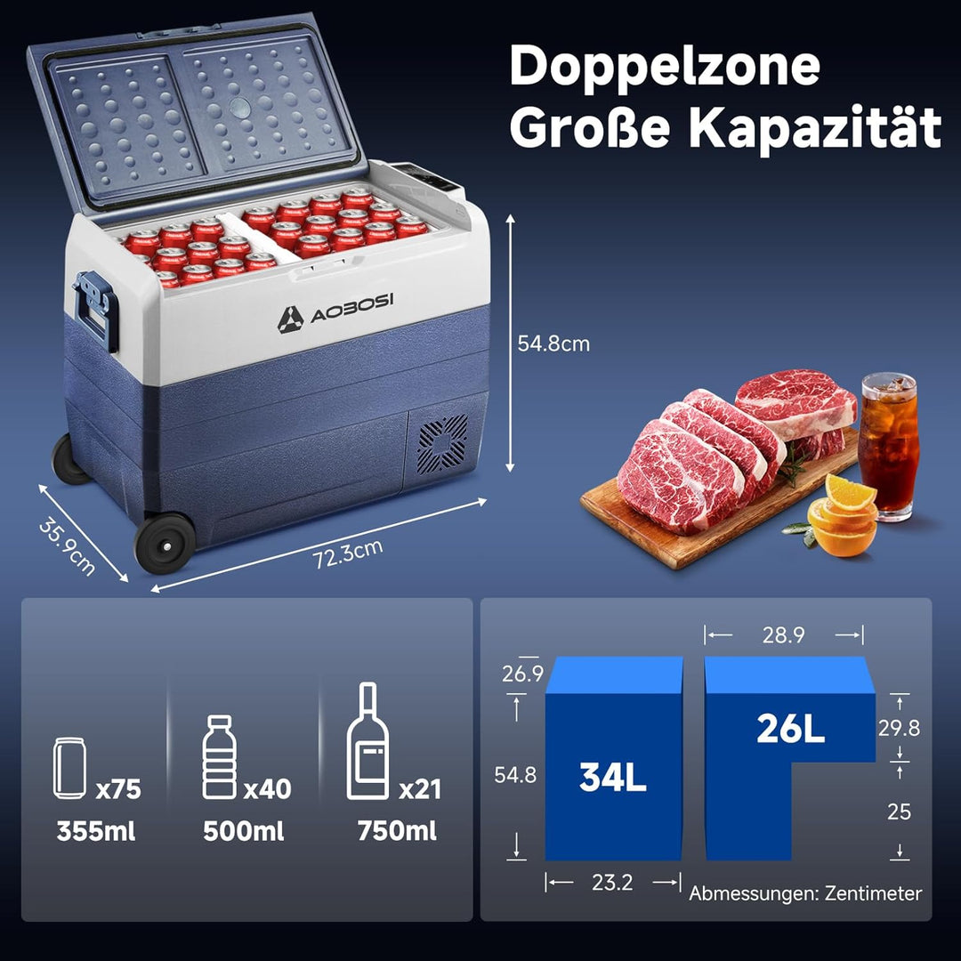 AAOBOSI Kompressor Kühlbox 60 L, Kühlbox Auto Mit APP Steuerung, 12/24 V und 100-240 V Camping Kühls