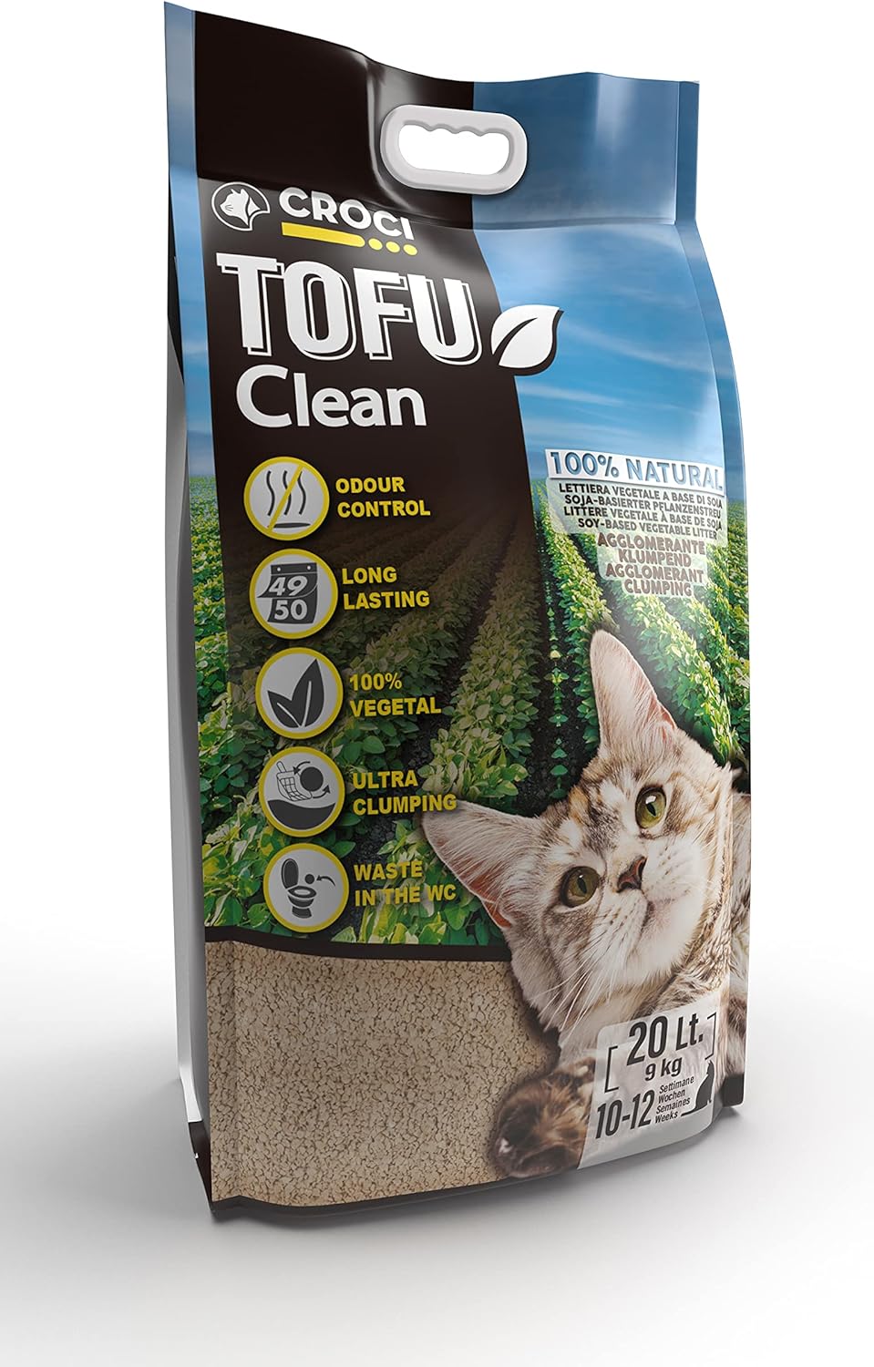 Croci Tofu Clean Litter 20 l – klumpende Katzenstreu, biologisch abbaubar, spült in der Toilette, 10