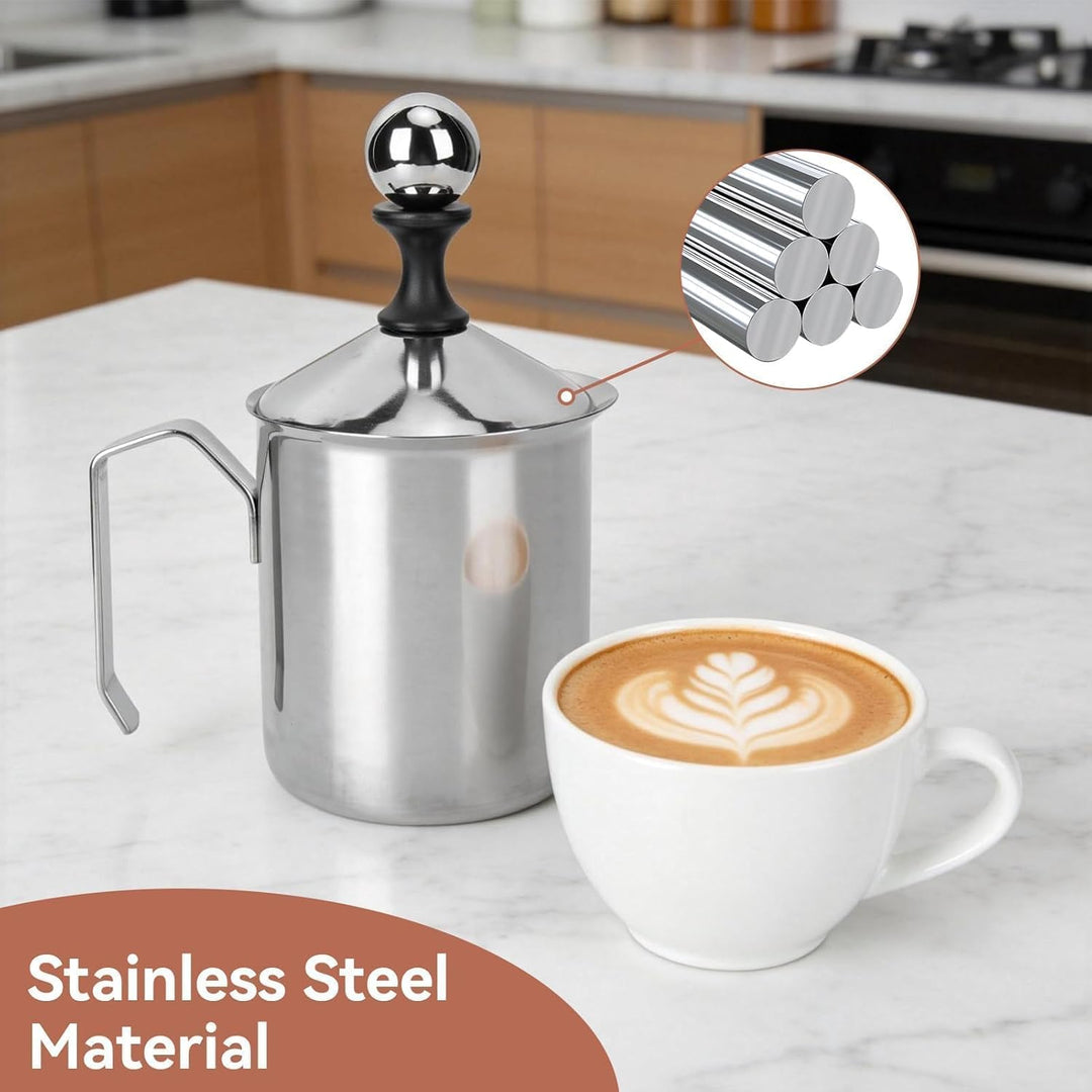 Manueller Milchaufschäumer, Handmilchaufschäumer aus Edelstahl mit Griff und Deckel für Kaffee Latte