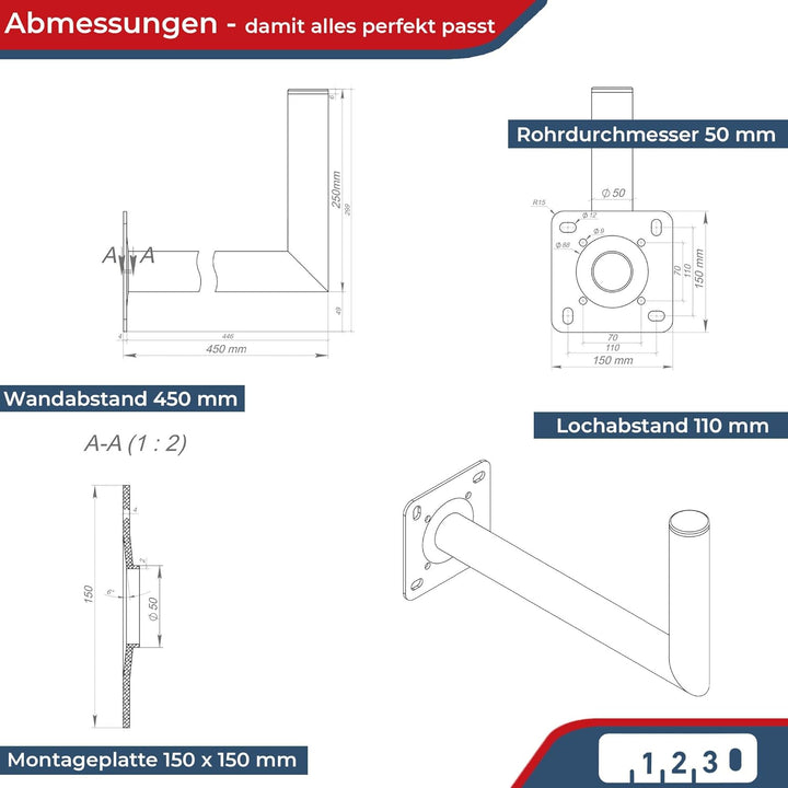 Premium X 45cm Wandhalter Aluminium SAT ALU Wand Halterung mit Schraubensatz für Wand Montage 45cm m