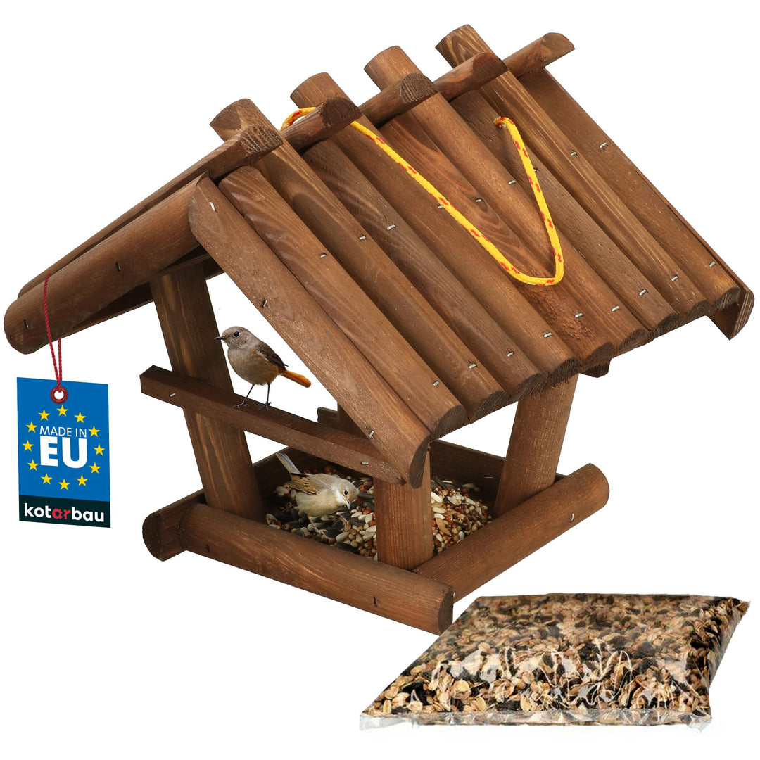 KOTARBAU® Holz Vogelfutterhaus Klein aus Natürlichem Holz Dunkelbraun zum Aufhängen + 0,5 kg Futter