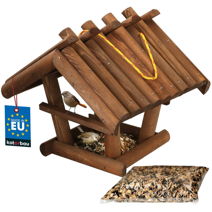 KOTARBAU® Holz Vogelfutterhaus Klein aus Natürlichem Holz Dunkelbraun zum Aufhängen + 0,5 kg Futter