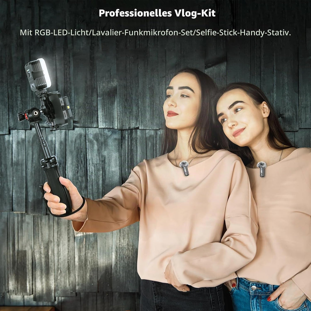 NEEWER Vlogging Set für Handy mit RGB LED Licht/Lavalier Funkmikrofon System/Mini Stativ/Handy Käfig