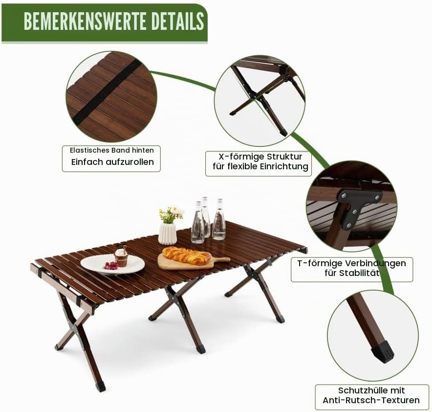 KOMFOTTEU Campingtisch faltbar aus Bambus, Picknicktisch klappbar mit Tragetasche, Klapptisch tragba