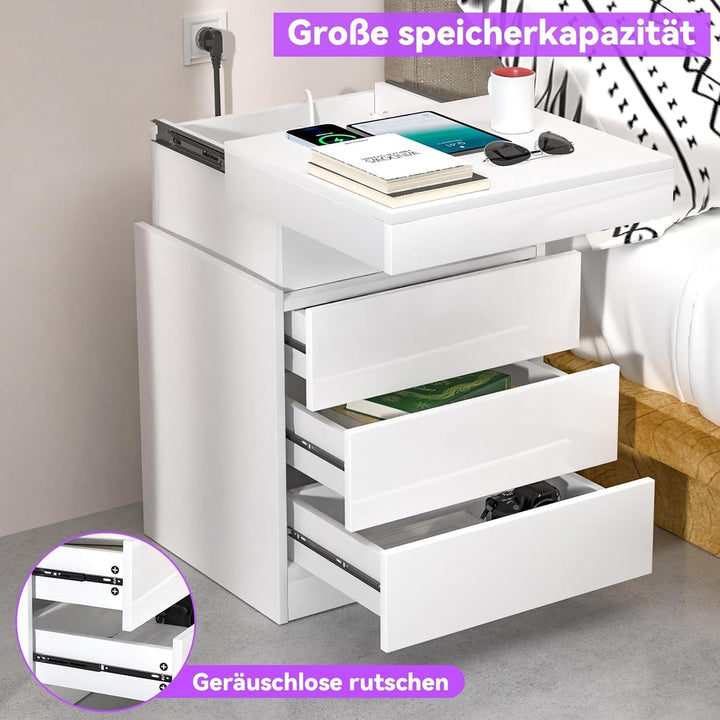 PIPIPOXER Nachttisch mit LED Licht und Steckdose,Beistelltisch aus Hochglanz Brett mit Schiebeschubl
