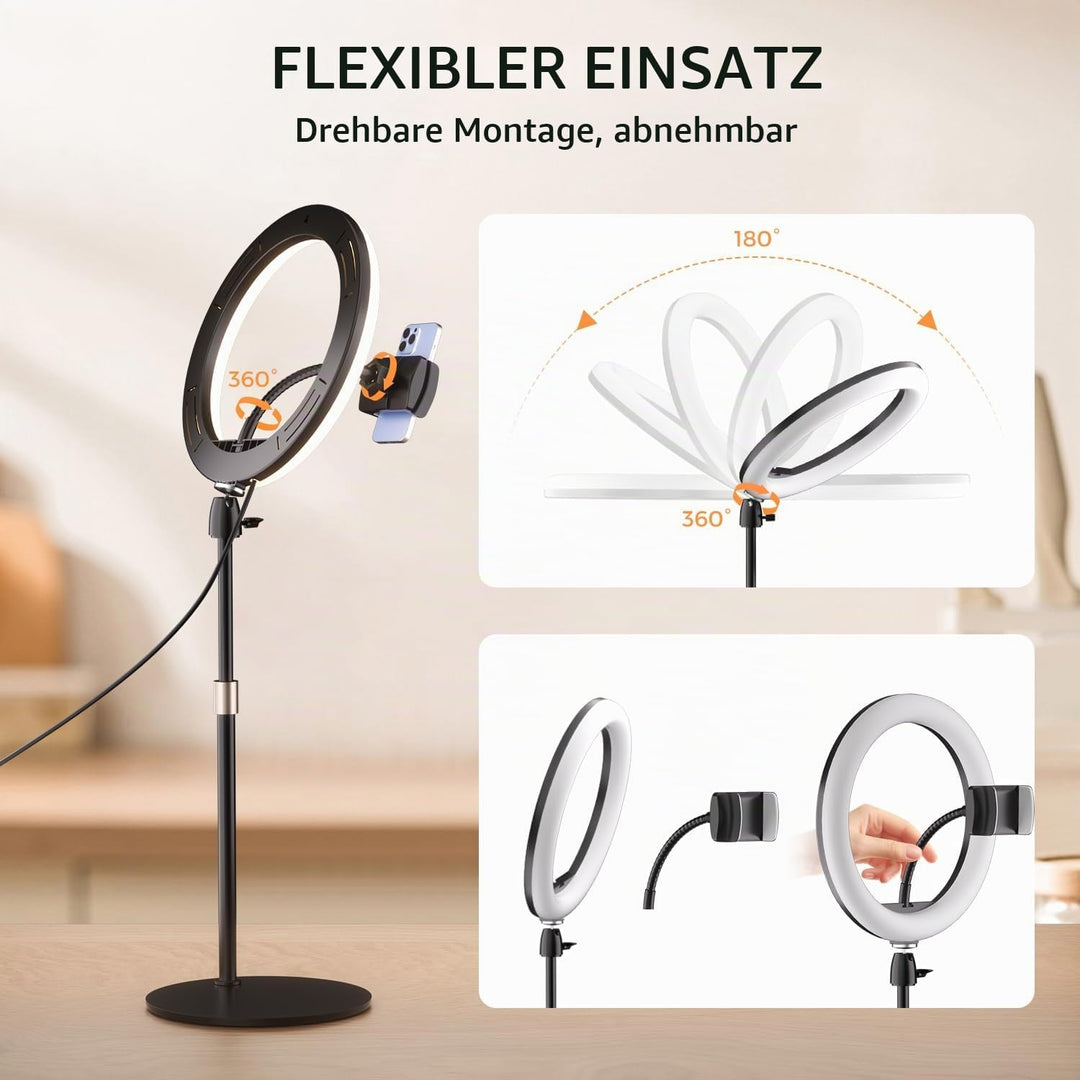 Aureday 12 Zoll Ringlicht mit Stativ, Handy Stativ mit Ringlicht mit 360° Drehbarer Flexibler Schlau