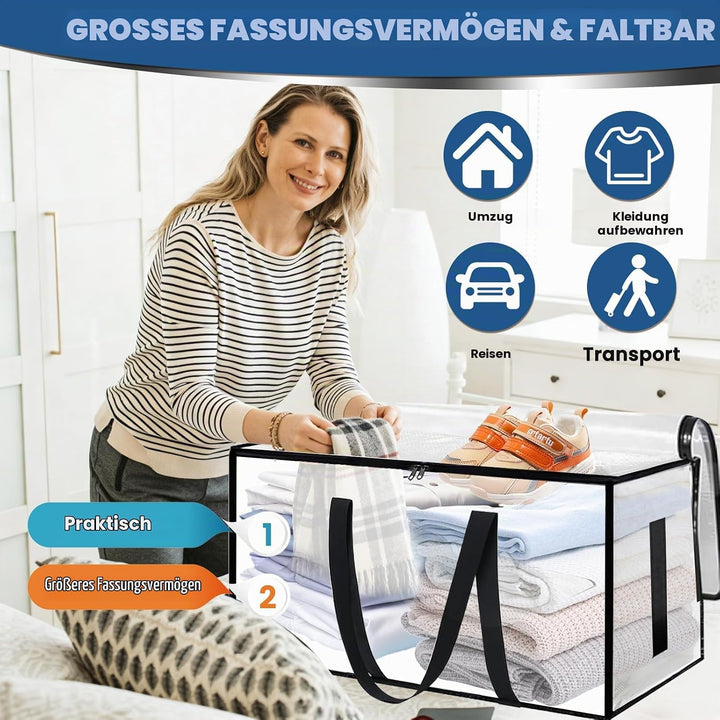 6 Stück Grosse Aufbewahrungstasche, Transparent Umzugstaschen 90 L, mit Reissverschluss und Tragegri