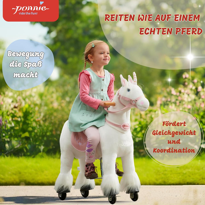 PONNIE Einhorn mit Rollen S (3-6 Jahre), Unicorn zum Reiten mit Abnehmbarer Rosa Sattel und Halfter