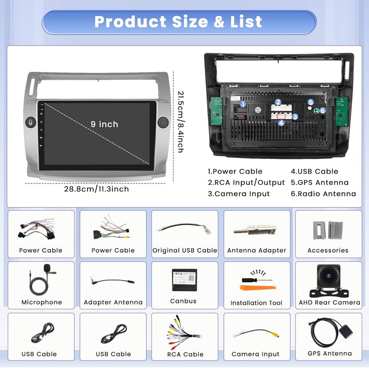 Hikity 8 core 4+64GB Android 15 Autoradio für Citroen C4 2004-2009/C-Quatre 2008-2011 Radio Wireless