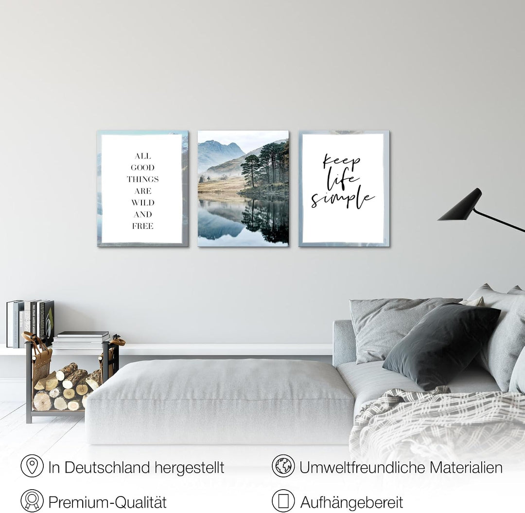 Novart Wandbilder Set See Berge - KOMPLETT AUFHÄNGFERTIG - Wohnzimmer Schlafzimmer Deko - 3 Moderne