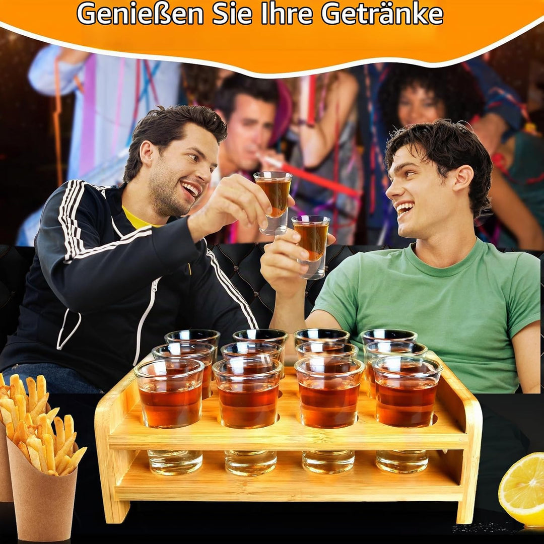 Schnapsglas-Set Mit Tablett - 12 Stück 30ml Gläser, Brett, Halter - Gerade, Dicke Basis, Klares Glas