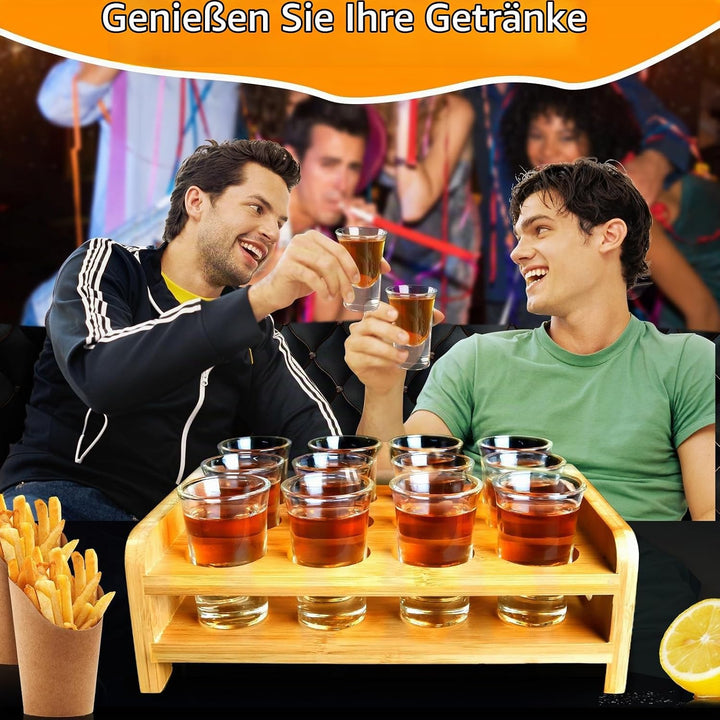 Schnapsglas-Set Mit Tablett - 12 Stück 30ml Gläser, Brett, Halter - Gerade, Dicke Basis, Klares Glas