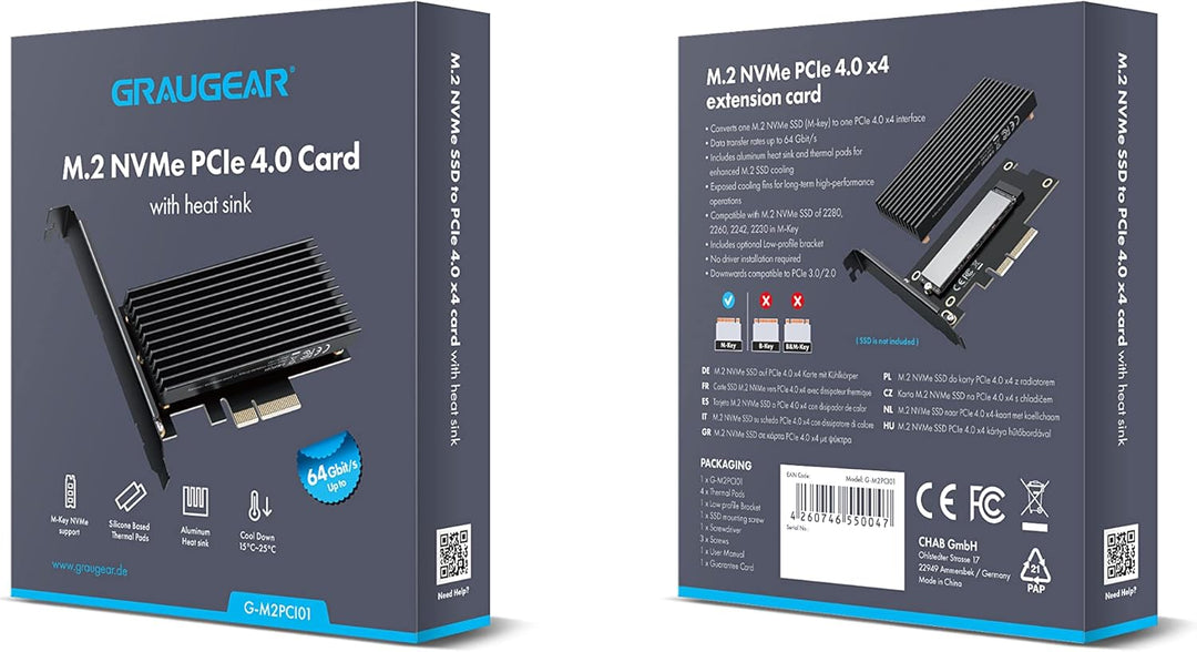 GRAUGEAR M.2 PCIe 4.0 Adapter-Karte für NVMe SSD, M-Key, grosser Aluminium-Kühlkörper, Unterstützt 2