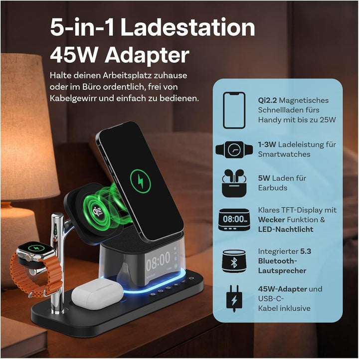 Kabellose Ladestation 5-in-1 mit Wecker, Bluetooth-Lautsprecher & LED-Nachtlicht für MagSafe von MMO