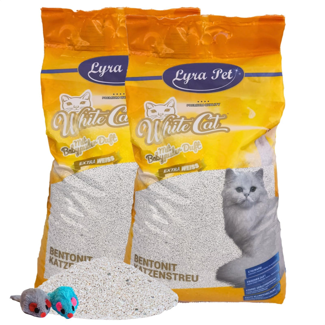 Lyra Pet® 30 Liter (2 x 15 L) White Cat® Katzenstreu Bentonit +2 Spielmäuse | Klumpstreu mit Babypud