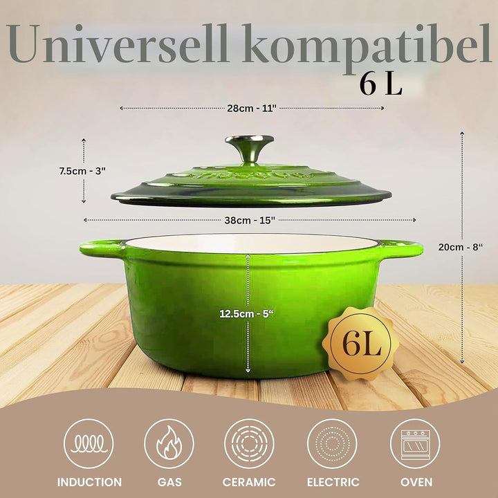 Gusseisen Dutch Oven mit Deckel – Emaille-Kochtopf mit Antihaft, Ofenfest – Grün, 6.1 Liter, 28 cm –